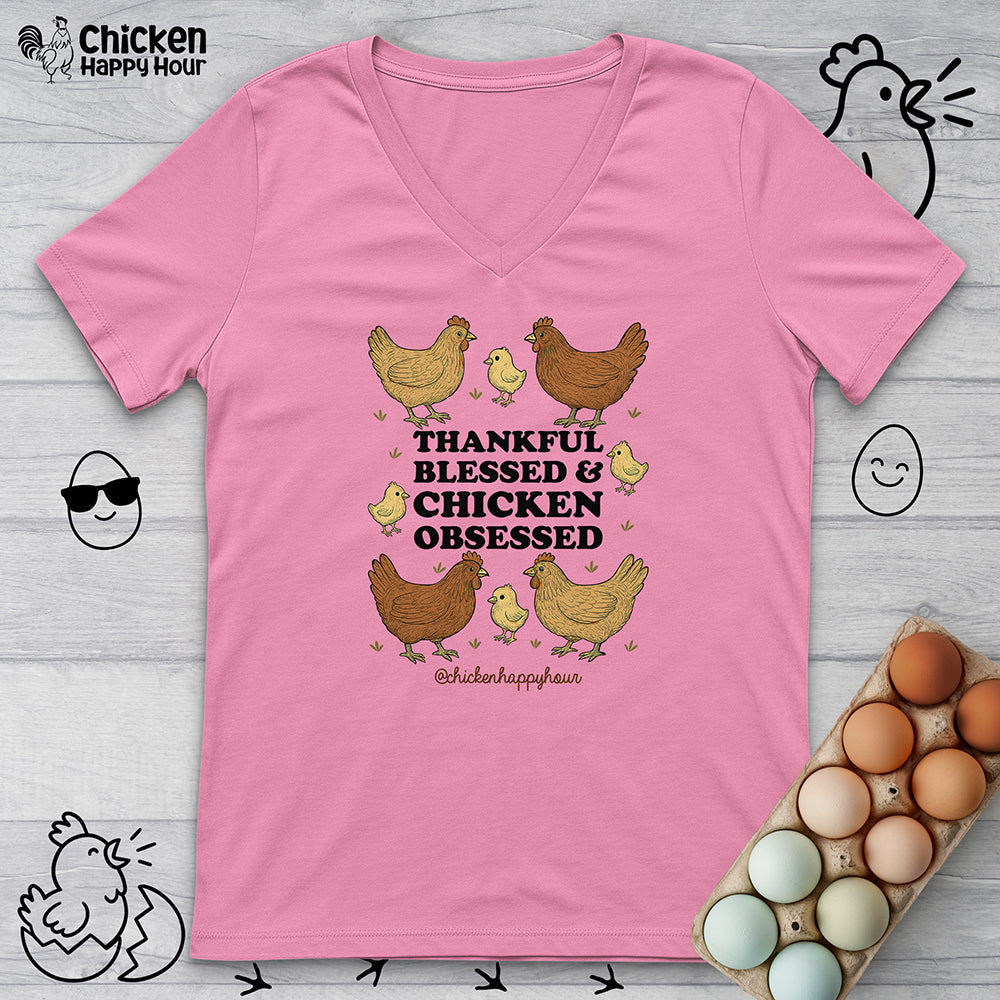 Thankful Blessed and Chicken Obsessed V-Neck Tee