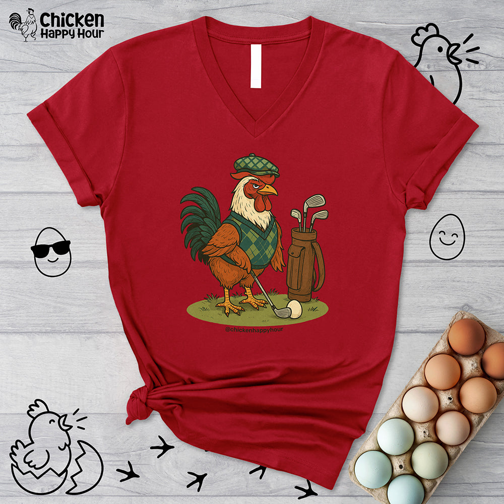 Rooster Playing Golf V-Neck Tee