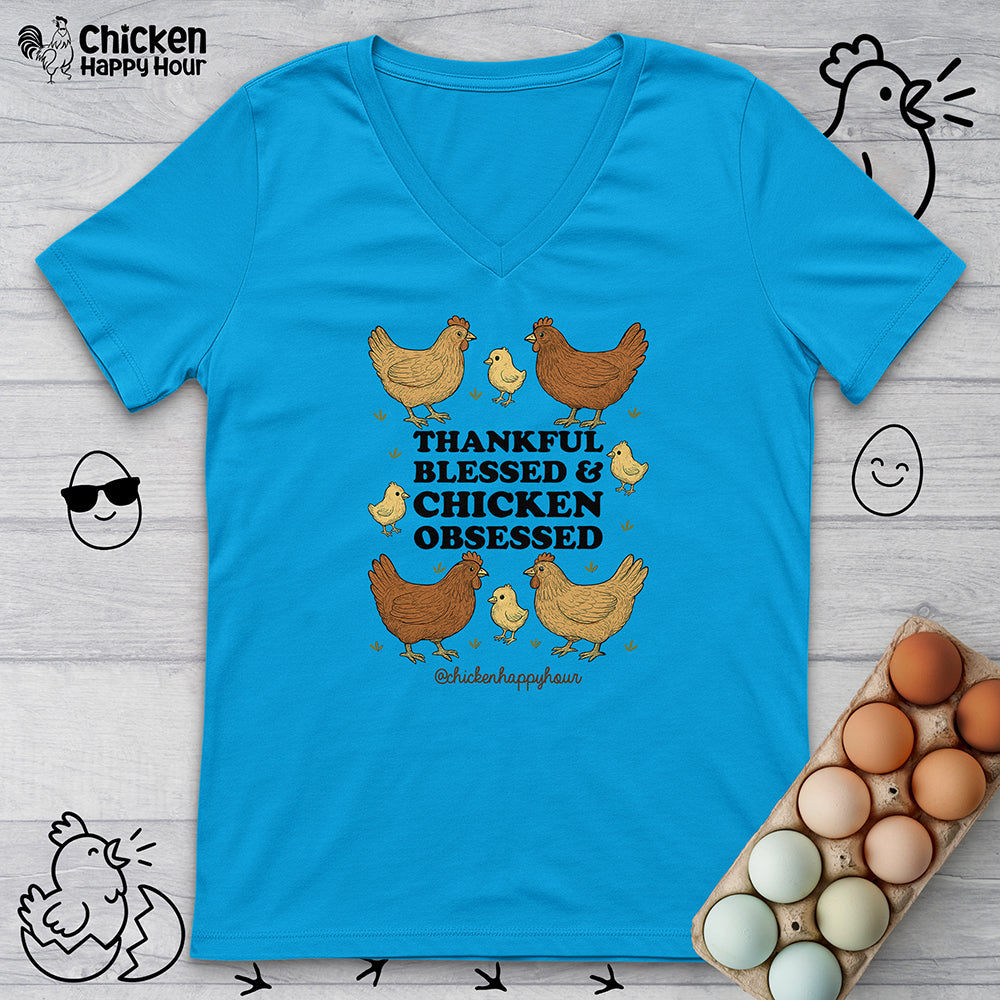 Thankful Blessed and Chicken Obsessed V-Neck Tee