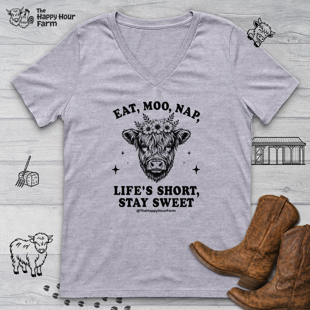 Eat, Moo, Nap V-Neck Tee