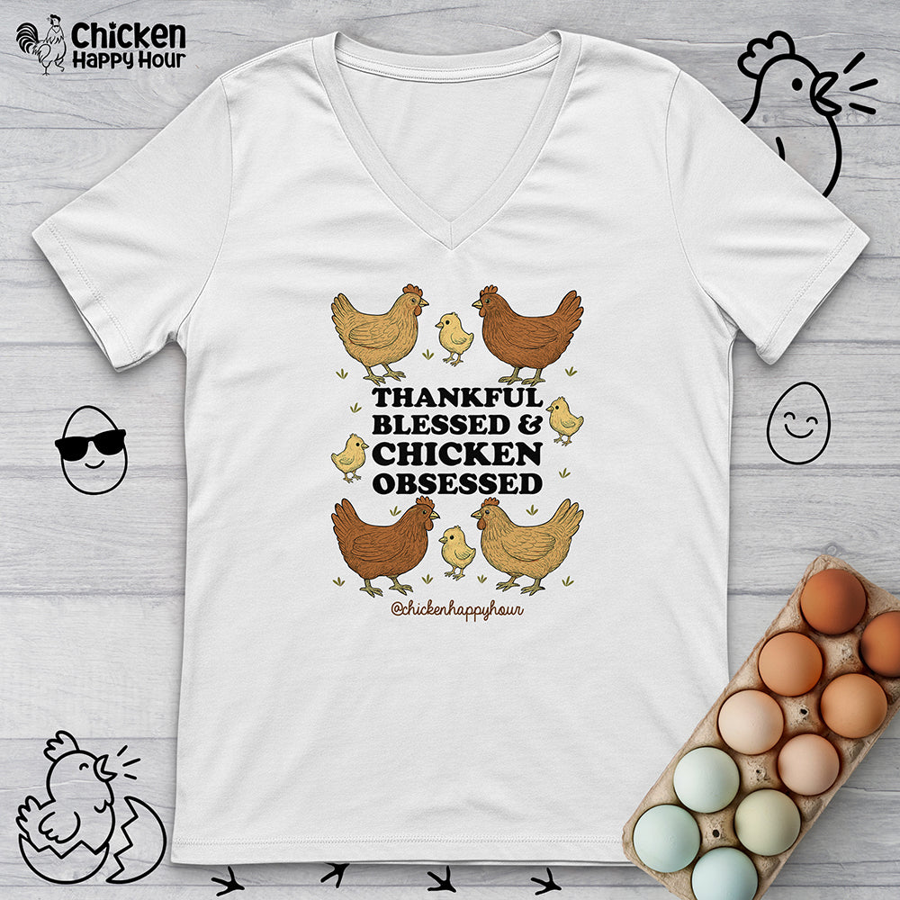 Thankful Blessed and Chicken Obsessed V-Neck Tee
