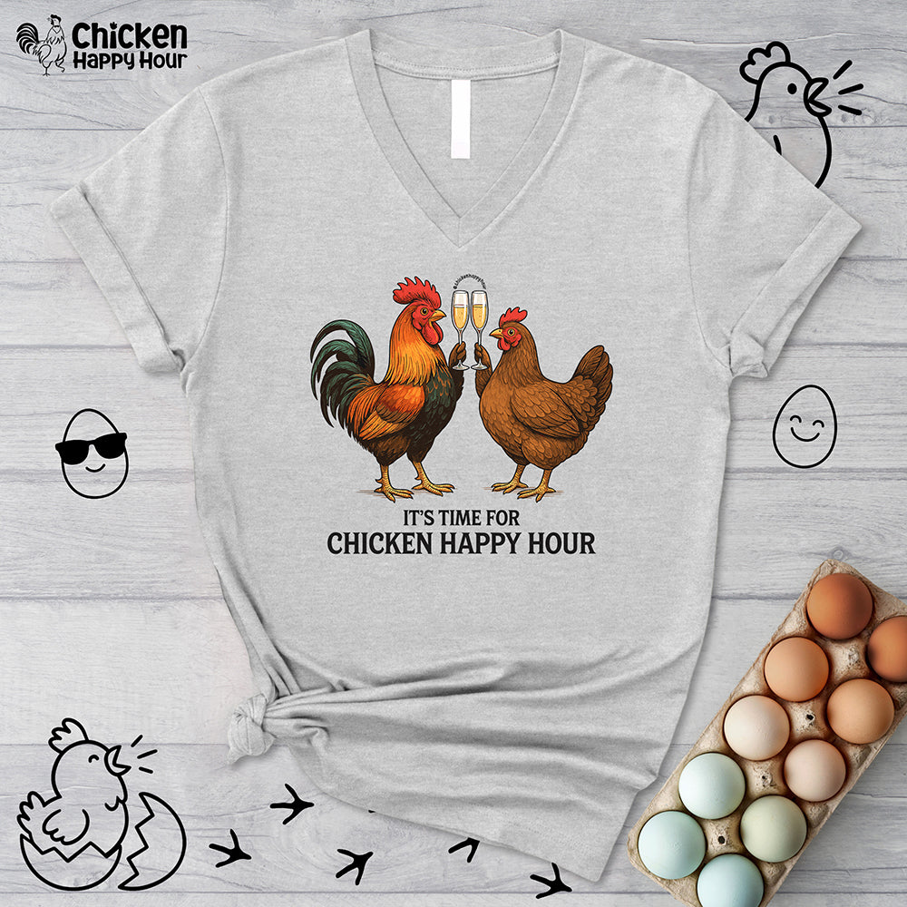 It’s time for Chicken Happy Hour With  Rooster and Hen V-Neck Tee