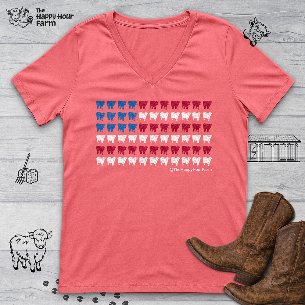 American Flag Cows V-Neck Tee