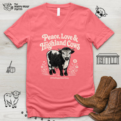 Peace, Love & Highland Cows V-Neck Tee