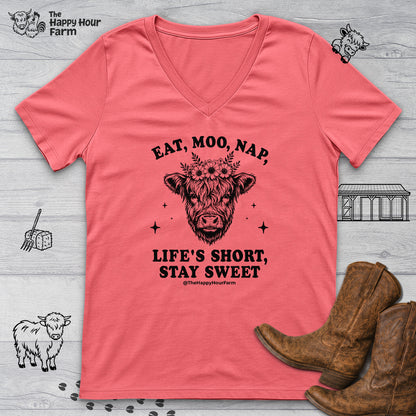 Eat, Moo, Nap V-Neck Tee