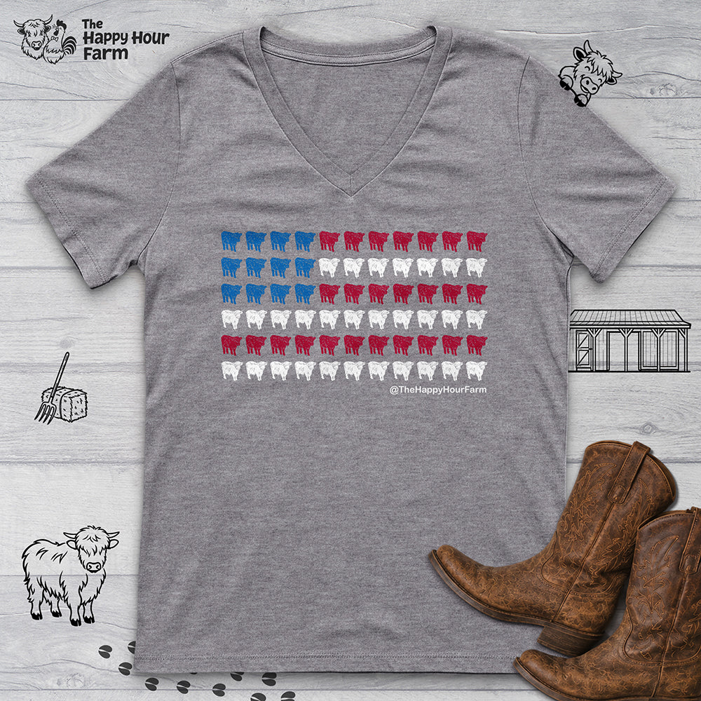 American Flag Cows V-Neck Tee