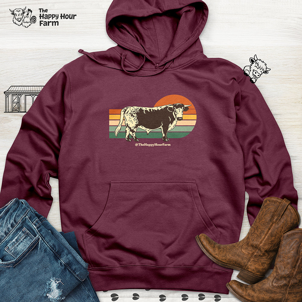 Retro Sunset Cow Hooded Sweatshirt