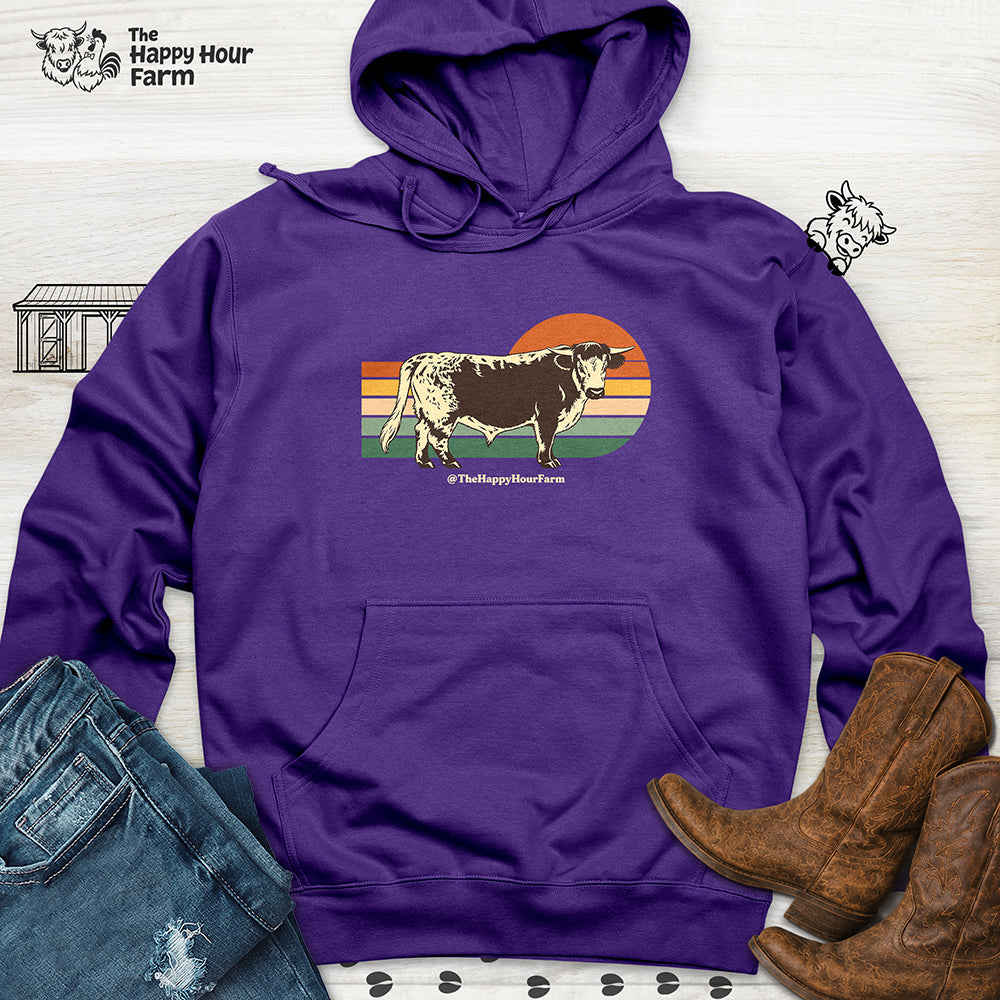 Retro Sunset Cow Hooded Sweatshirt