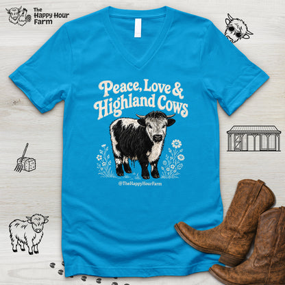 Peace, Love & Highland Cows V-Neck Tee