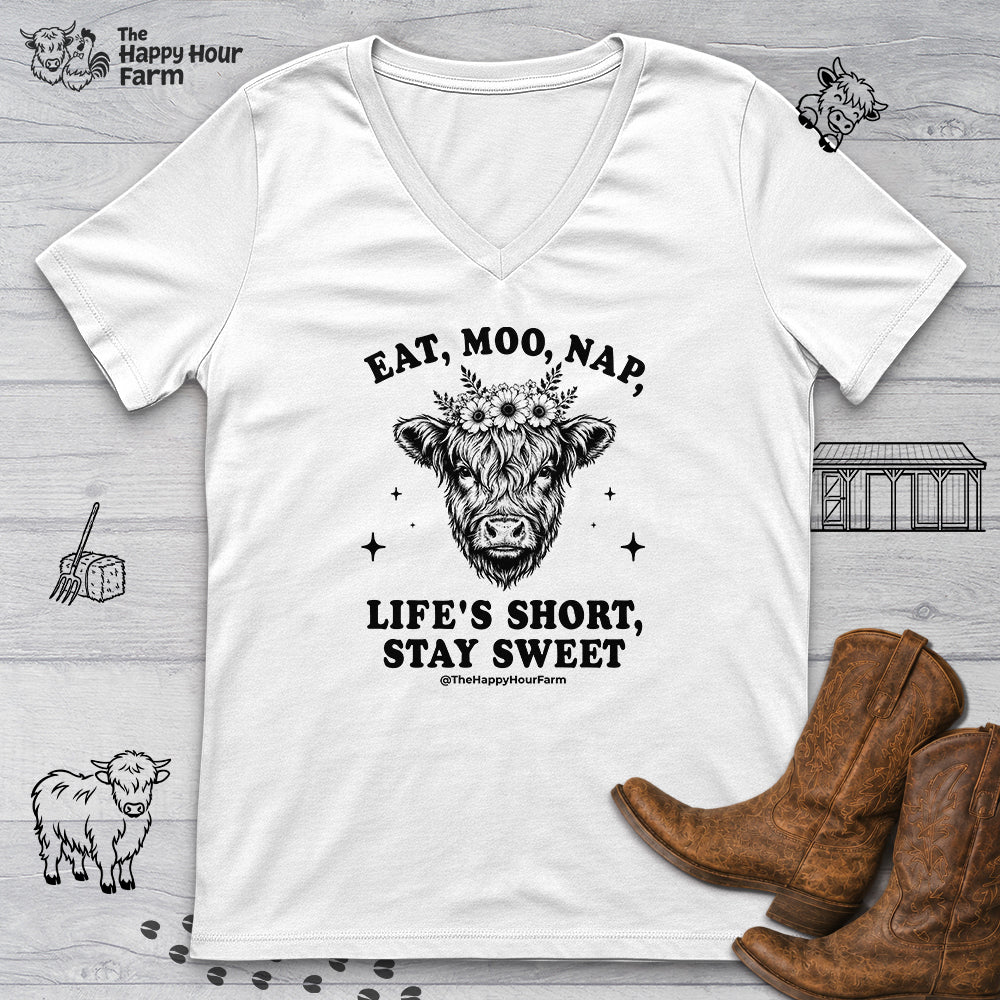Eat, Moo, Nap V-Neck Tee