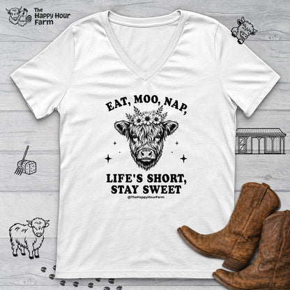 Eat, Moo, Nap V-Neck Tee